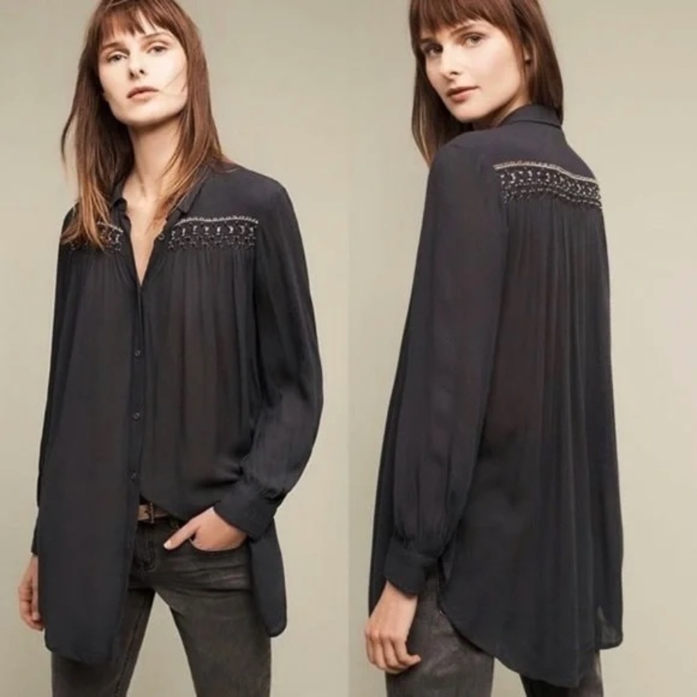 Anthropologie Floreat Beulah Beaded Tunic Shirt Top Blouse Button Down M